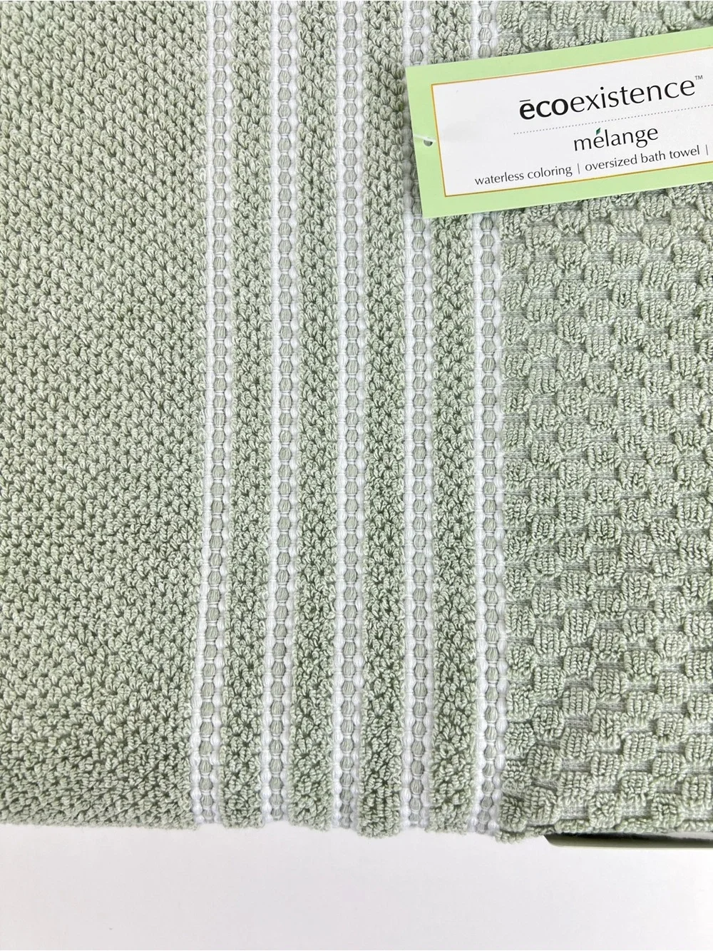 Ecoexistence Mélange Bath Towels Green White Stripe Soft Cotton Blend 2 Pc NEW